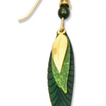 Adajio 3 Part Slender Leaf Earrings in green with gold-plated accents. Lightweight, handmade artisan earrings. Available at Be Charmed.