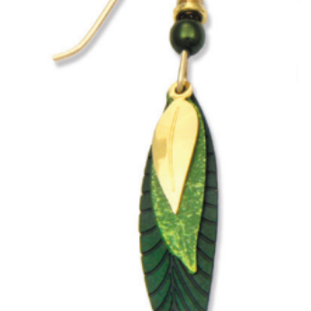 Adajio 3 Part Slender Leaf Earrings in green with gold-plated accents. Lightweight, handmade artisan earrings. Available at Be Charmed.
