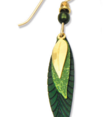 Adajio 3 Part Slender Leaf Earrings in green with gold-plated accents. Lightweight, handmade artisan earrings. Available at Be Charmed.