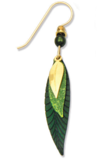 Adajio 3 Part Slender Leaf Earrings in green with gold-plated accents. Lightweight, handmade artisan earrings. Available at Be Charmed.
