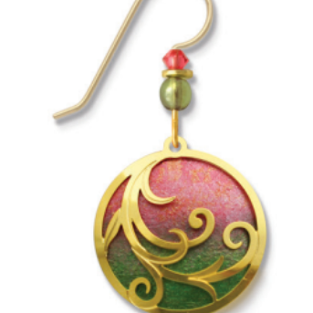 Adajio Coral & Olive Ombre Disk Earrings with gold-plated tendrils overlay. Lightweight, artisan earrings handmade in the USA. Available at Be Charmed.