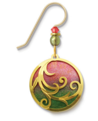 Adajio Coral & Olive Ombre Disk Earrings with gold-plated tendrils overlay. Lightweight, artisan earrings handmade in the USA. Available at Be Charmed.