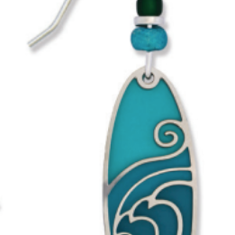 Adajio long oval green earrings with shimmering iridescent waves overlay, lightweight and elegant, Available at Be Charmed