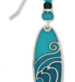 Adajio long oval green earrings with shimmering iridescent waves overlay, lightweight and elegant, Available at Be Charmed