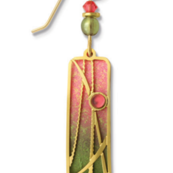 Adajio Earrings in Olive & Sunset Pink with gold-plated reeds overlay and cabochon detail. Lightweight and handmade. Available at Be Charmed.