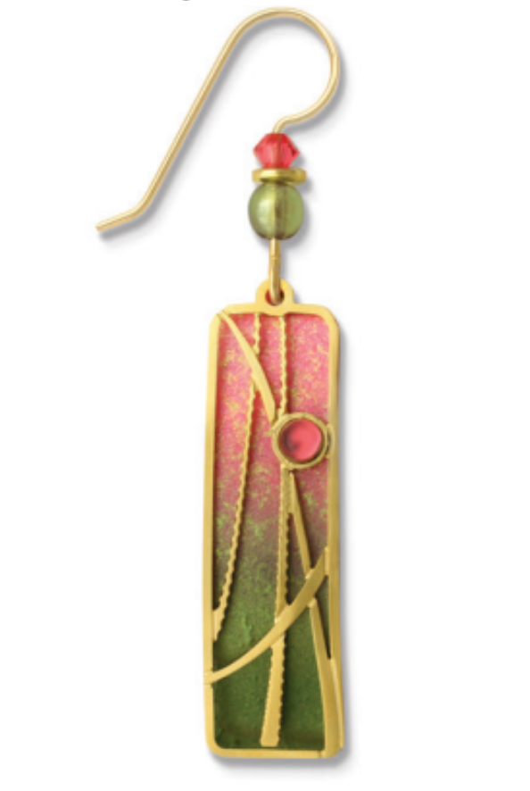 Adajio Earrings in Olive & Sunset Pink with gold-plated reeds overlay and cabochon detail. Lightweight and handmade. Available at Be Charmed.