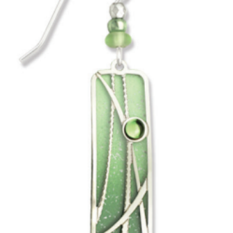 Adajio Pistachio Green Column Earrings with iridescent reeds overlay and cabochon. Lightweight, handmade artisan earrings. Available at Be Charmed.