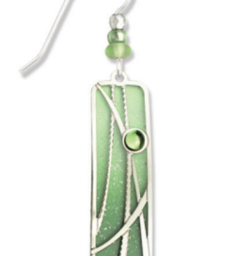 Adajio Pistachio Green Column Earrings with iridescent reeds overlay and cabochon. Lightweight, handmade artisan earrings. Available at Be Charmed.