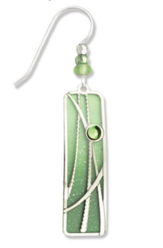 Adajio Pistachio Green Column Earrings with iridescent reeds overlay and cabochon. Lightweight, handmade artisan earrings. Available at Be Charmed.
