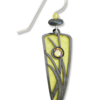 Adajio Earrings – Sparkling Lemon Chiffon Trowel with gold reeds overlay and cabochon. Lightweight, artisan-crafted earrings. Available at Be Charmed.