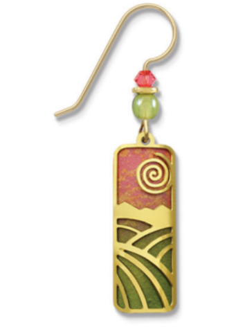 Adajio Sunset Coral & Olive Column Earrings with gold-plated fields overlay. Lightweight and handmade artisan earrings. Available at Be Charmed.