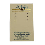 Earring card with 'Adajio' branding and product details on a wite background. Available at Be Charmed