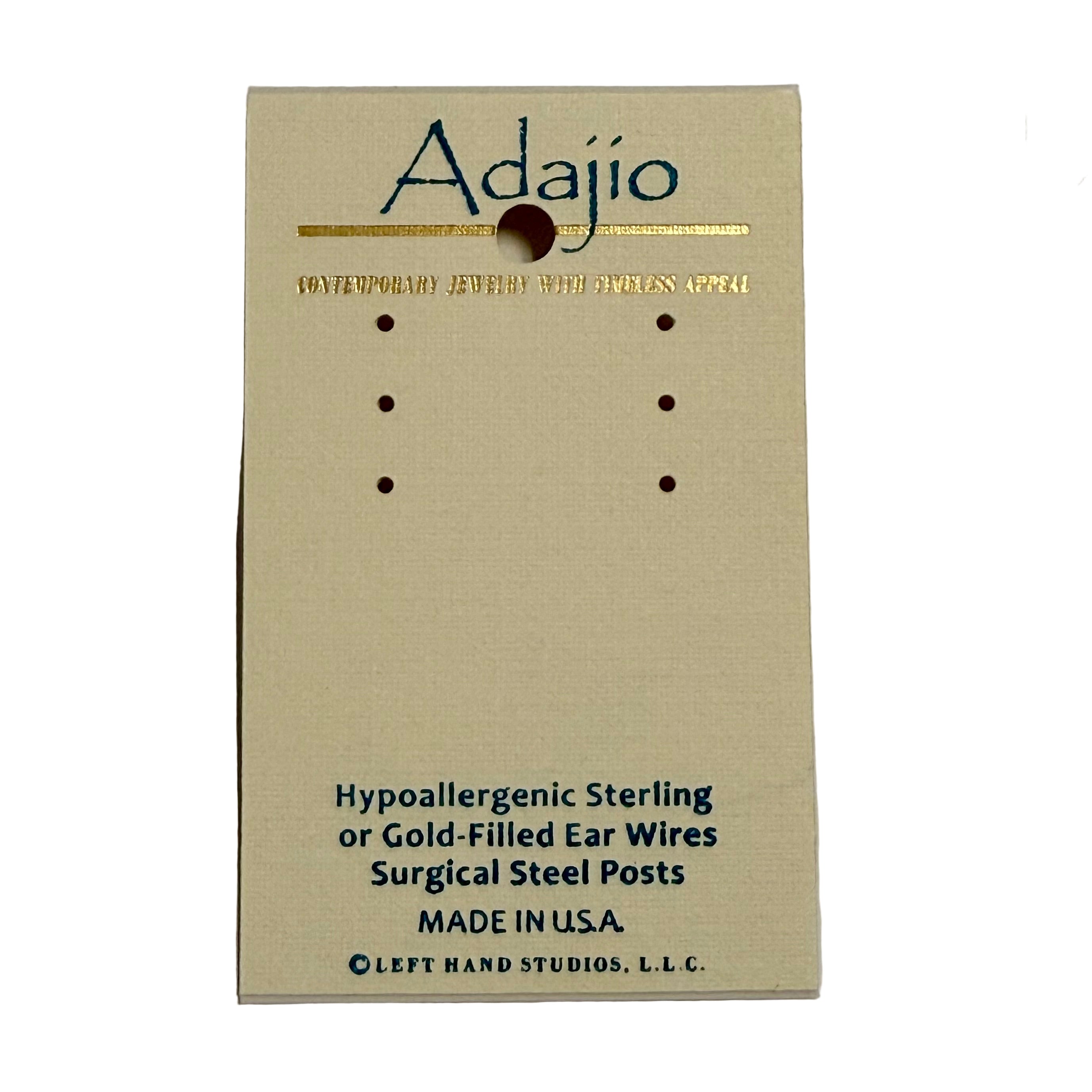 Earring card with 'Adajio' branding and product details on a wite background. Available at Be Charmed