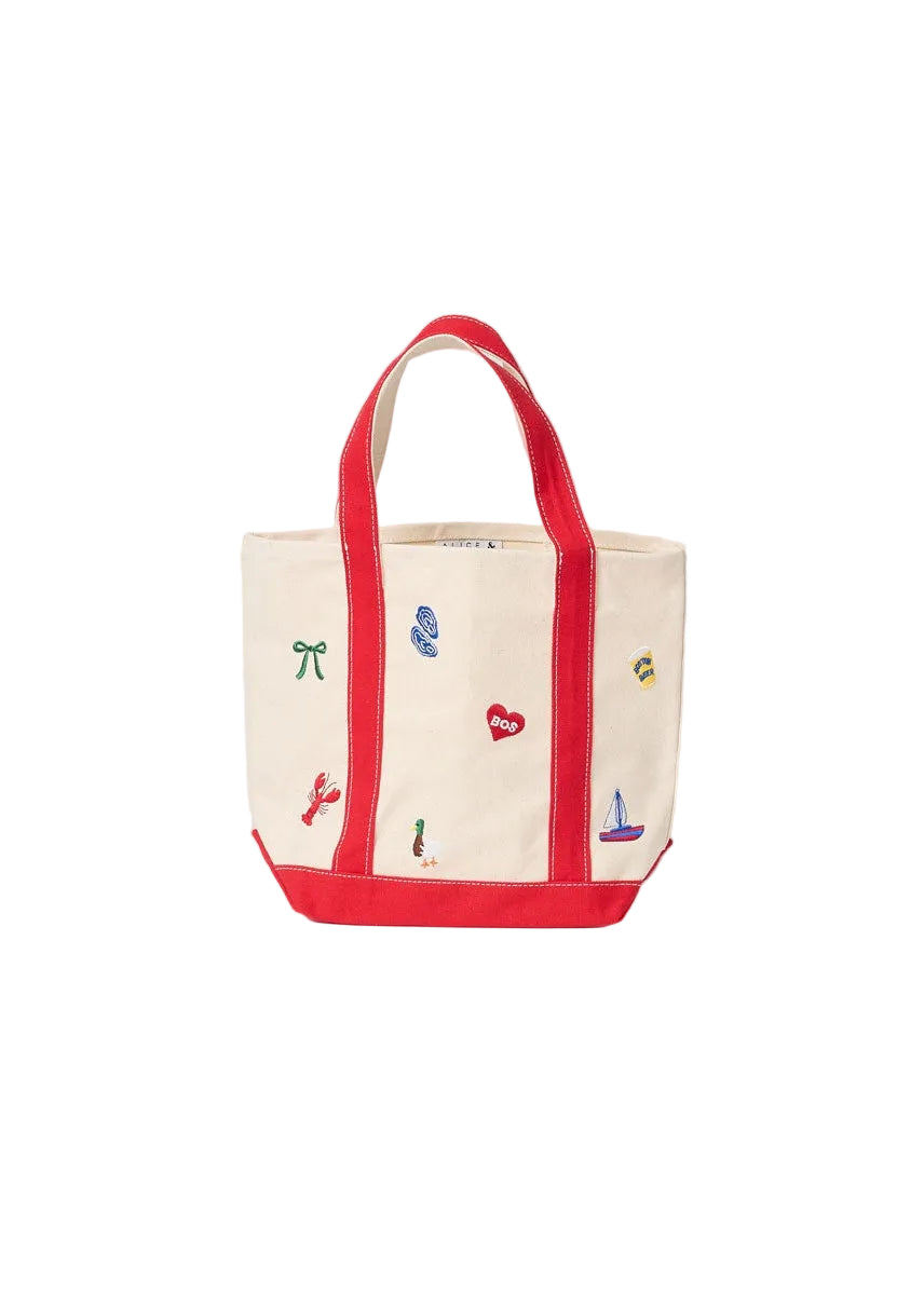 Back of Small Alice & Wonder Tote Bag with red handles and Boston Icons. Available at Be Charmed