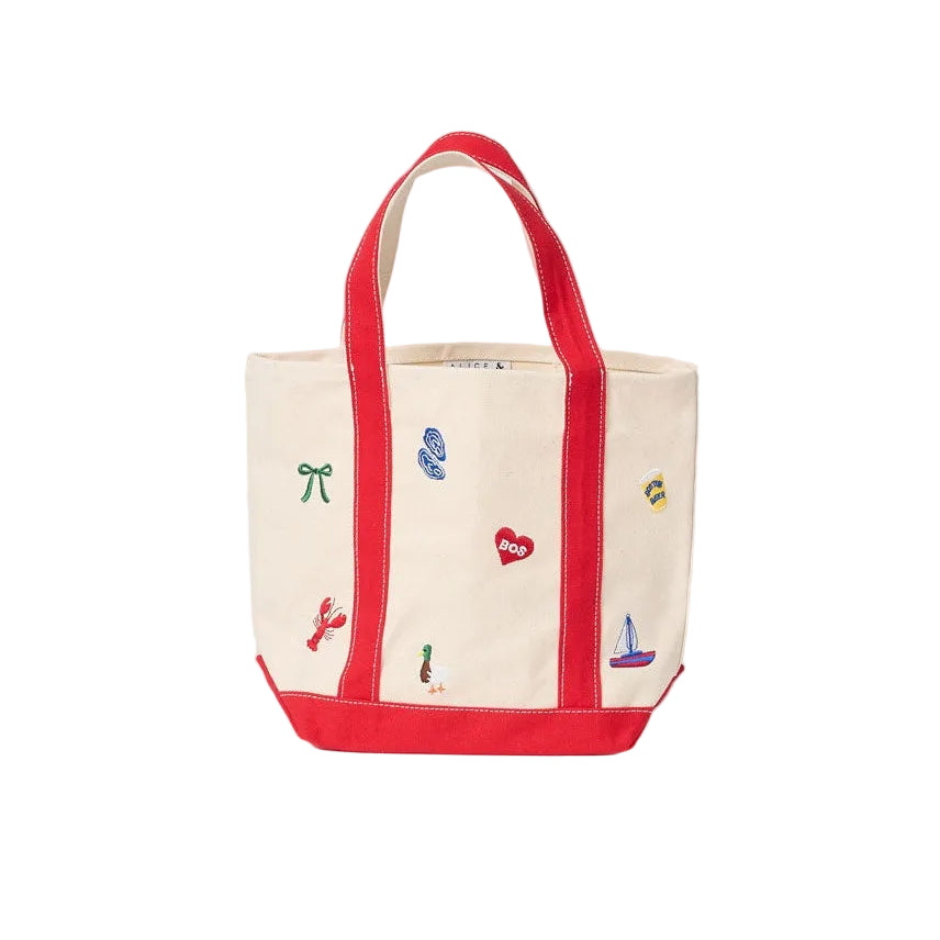 Back of Small Alice & Wonder Tote Bag with red handles and Boston Icons. Available at Be Charmed