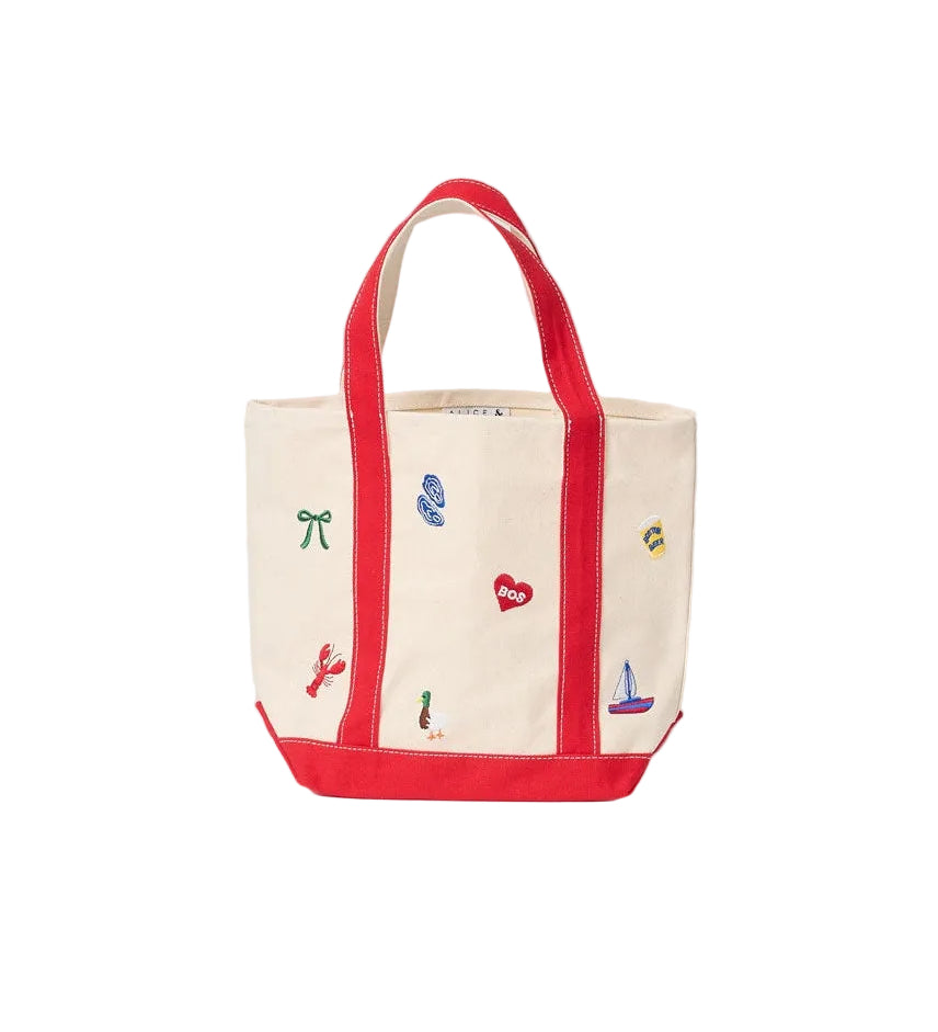 Back of Small Alice & Wonder Tote Bag with red handles and Boston Icons. Available at Be Charmed