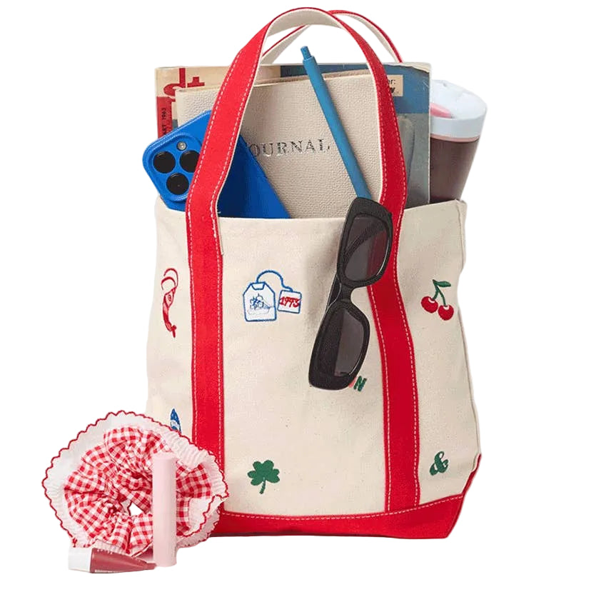 Small Alice & Wonder Tote Bag with red handles and Boston Icons. Available at Be Charmed