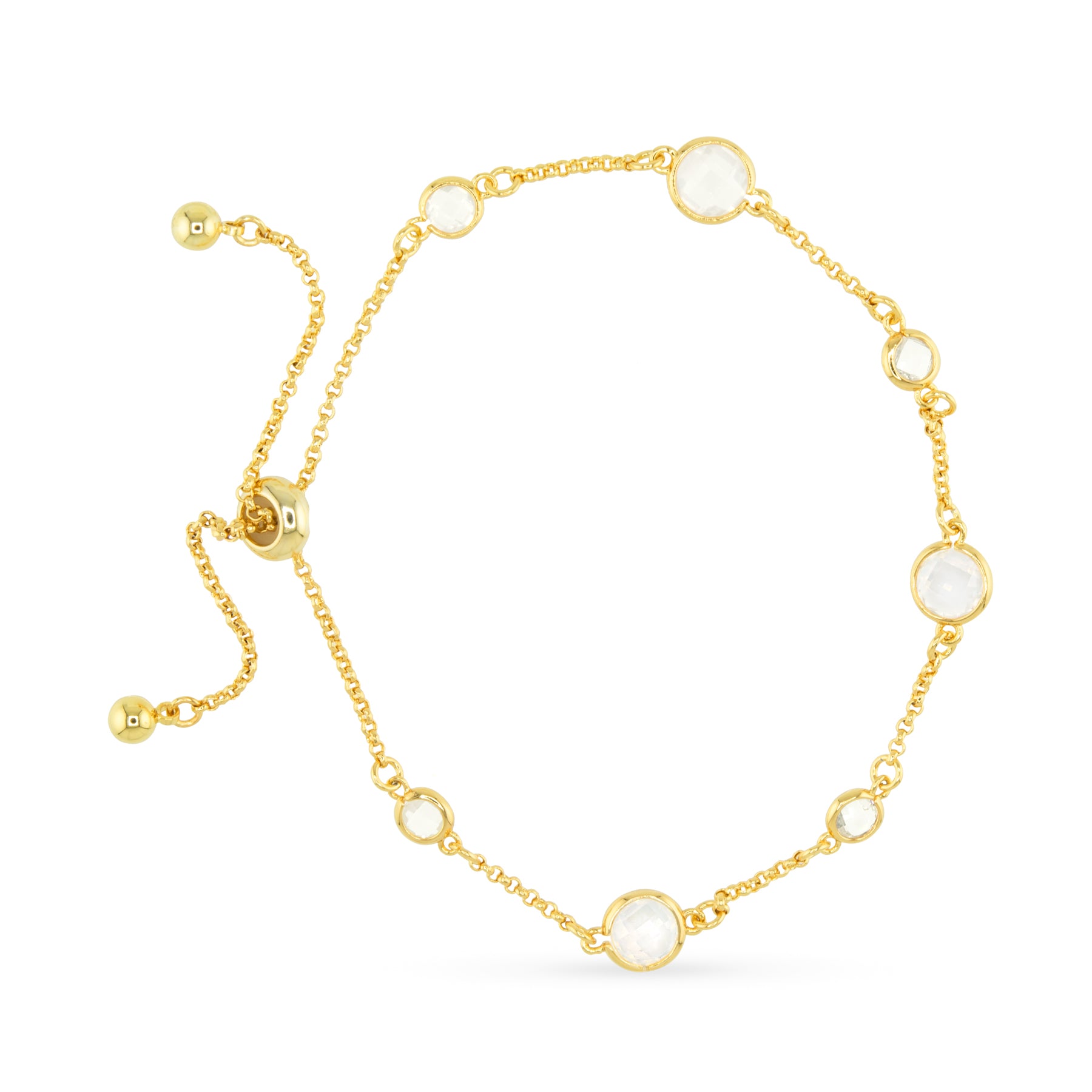 Gold bracelet with pearl-like beads on a white background. Available at Be Charmed