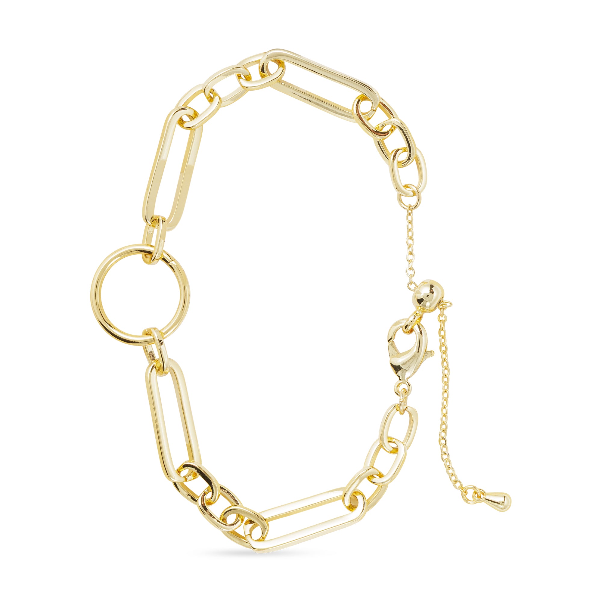 Mixed Link Gold charm bracelet on a white background. Available at Be Charmed