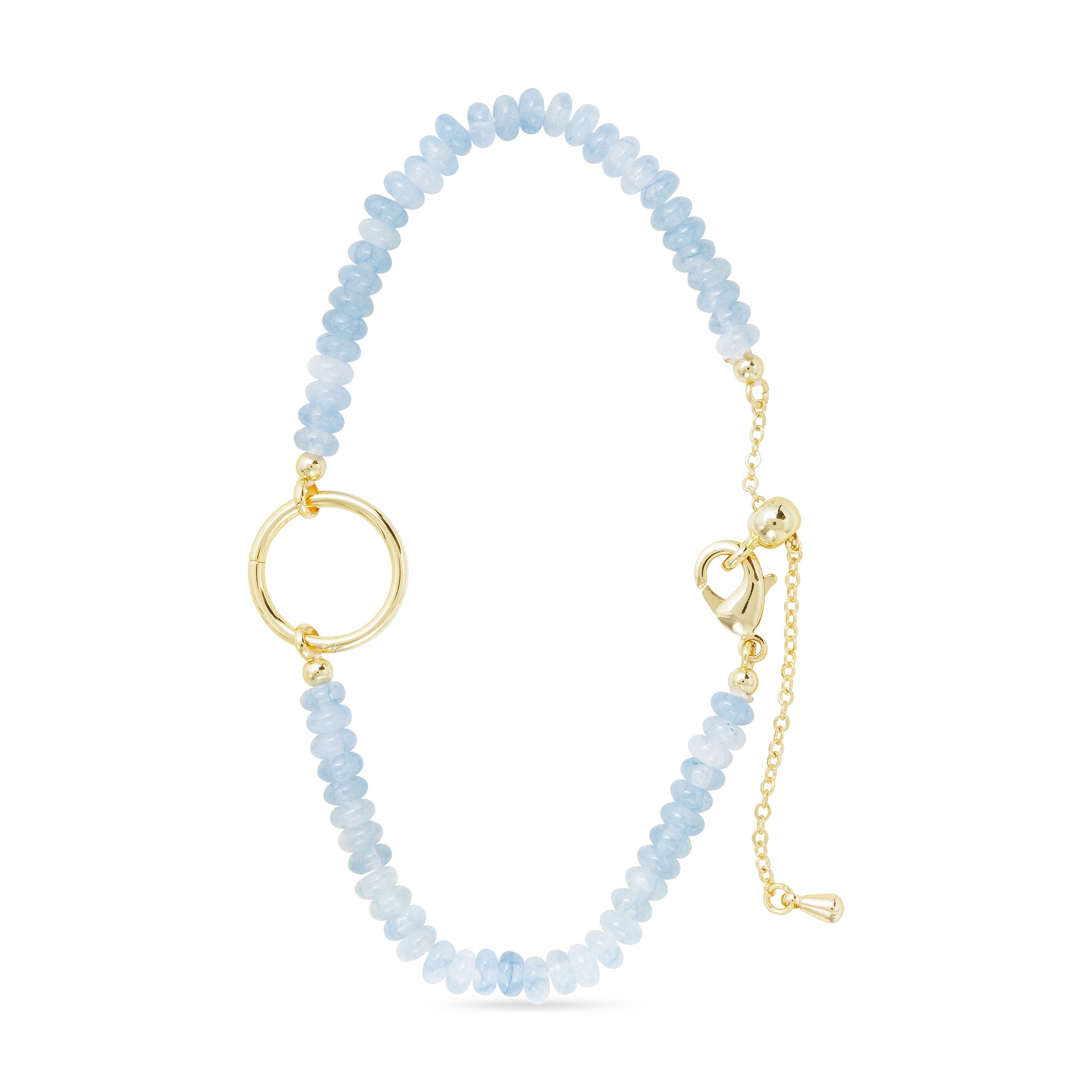 Pale Blue Bead charm bracelet with gold clasp on a white background. Available at Be Charmed