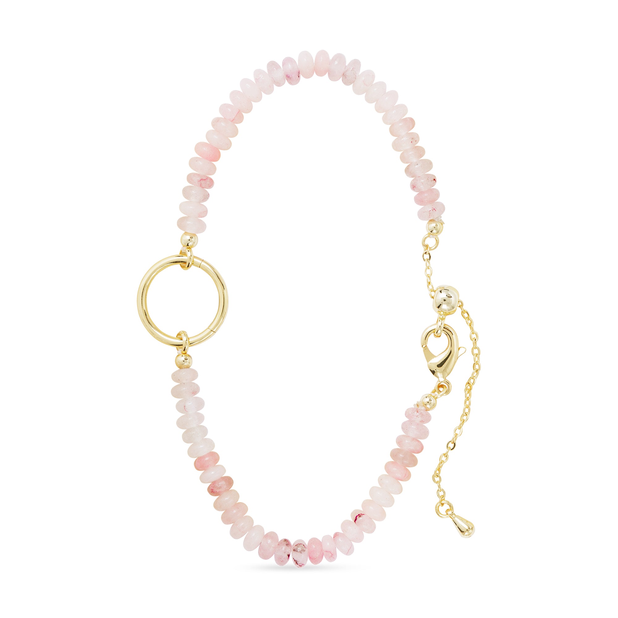 Pink Bead charm bracelet with gold clasp on a white background. Available at Be Charmed