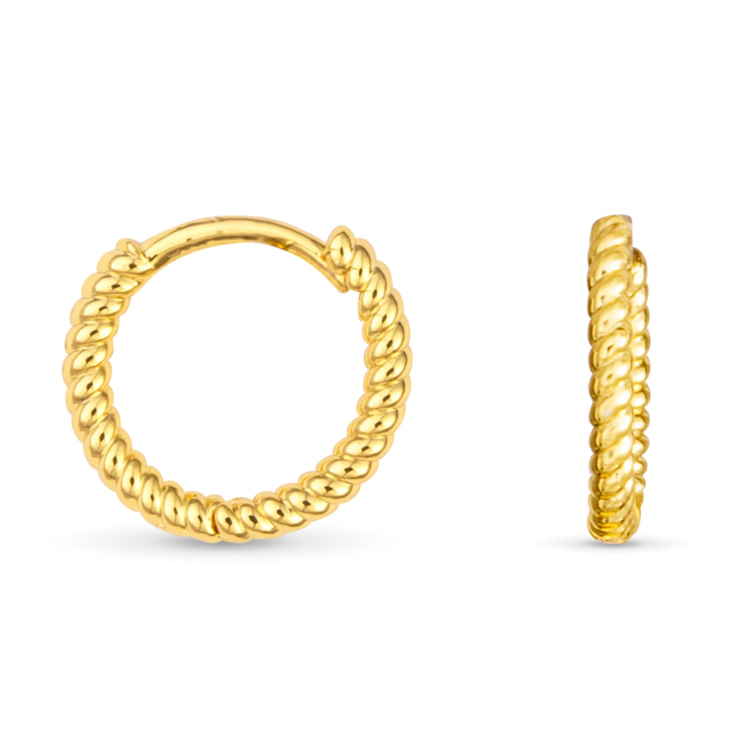Gold braided hoop earrings on a white background. Available at Be Charmed