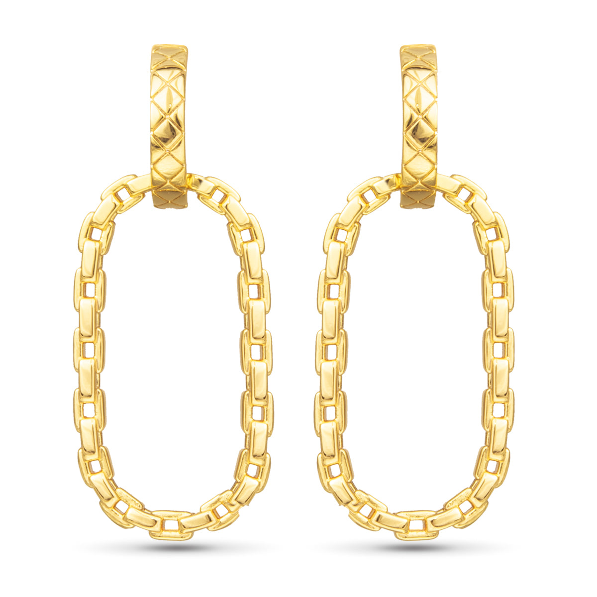 Gold chain link drop earrings on a white background. Available at Be Charmed