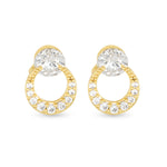 Gold earrings with clear gemstones on a white background. Available at Be Charmed