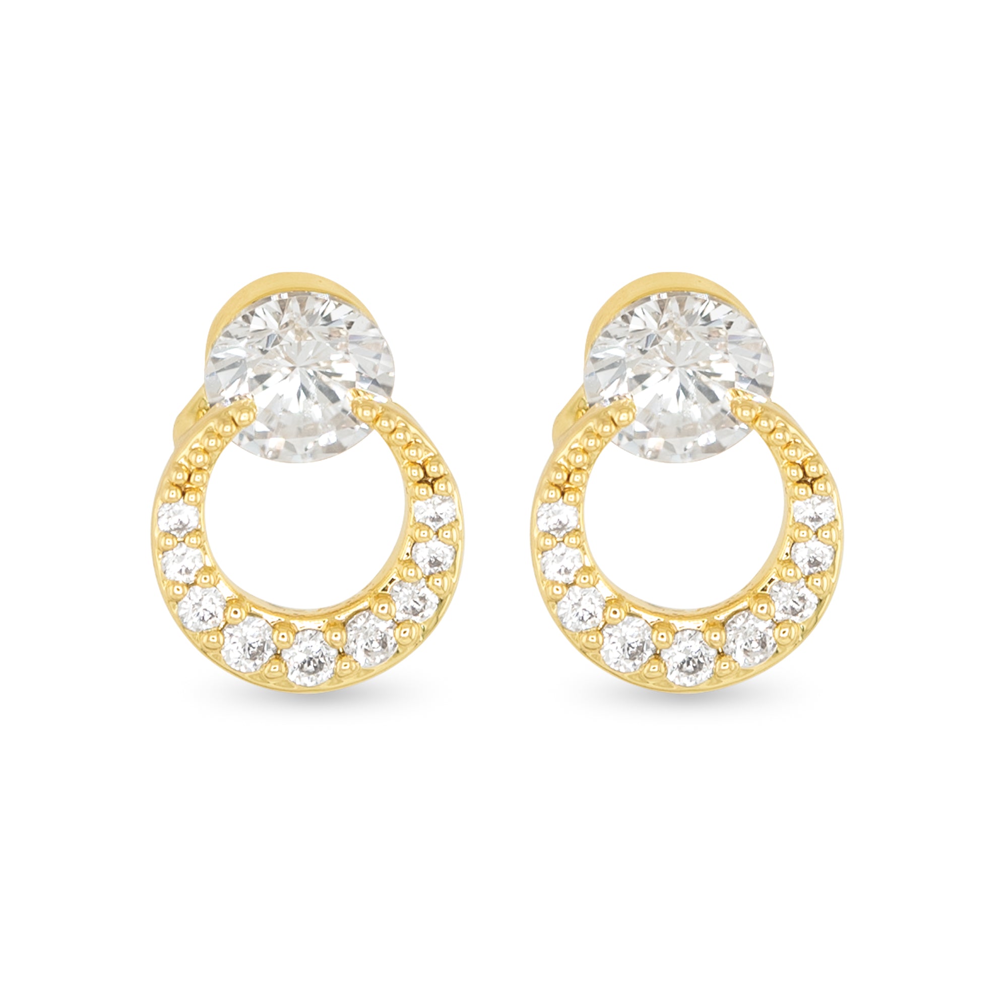 Gold earrings with clear gemstones on a white background. Available at Be Charmed