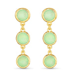 Gold earrings with green gemstones on a white background. Available at Be Charmed