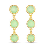 Gold earrings with green gemstones on a white background. Available at Be Charmed