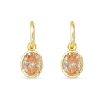 Gold earrings with topaz gemstones on a white background. Available at Be Charmed