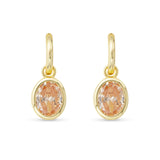 Gold earrings with topaz gemstones on a white background. Available at Be Charmed