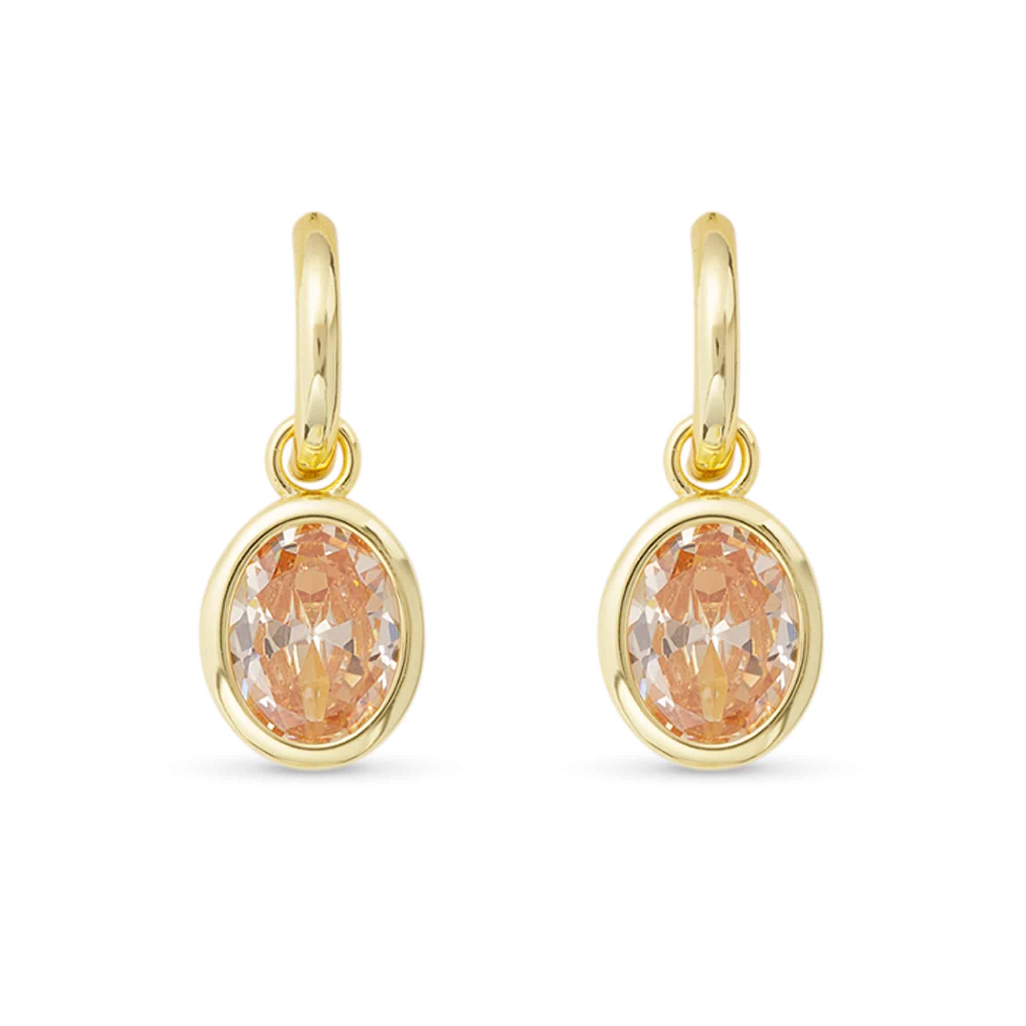 Gold earrings with topaz gemstones on a white background. Available at Be Charmed