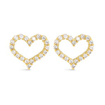 Heart-shaped earrings with gold frame and clear stones on a white background. Available at Be Charmed