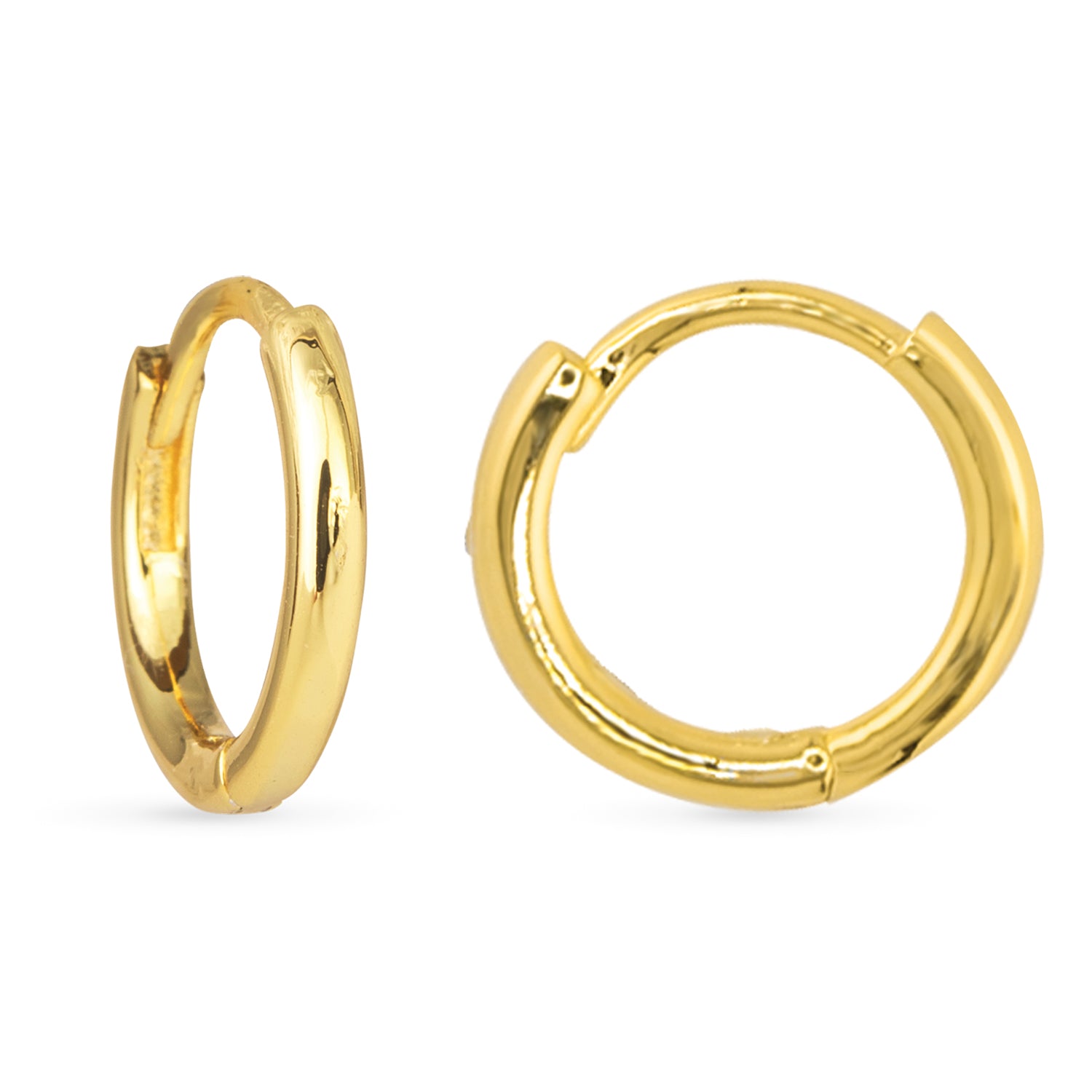 Gold hoop earrings on a white background. Available at Be Charmed