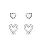 Heart-shaped earrings with clear stones on a white background. Available at Be Charmed