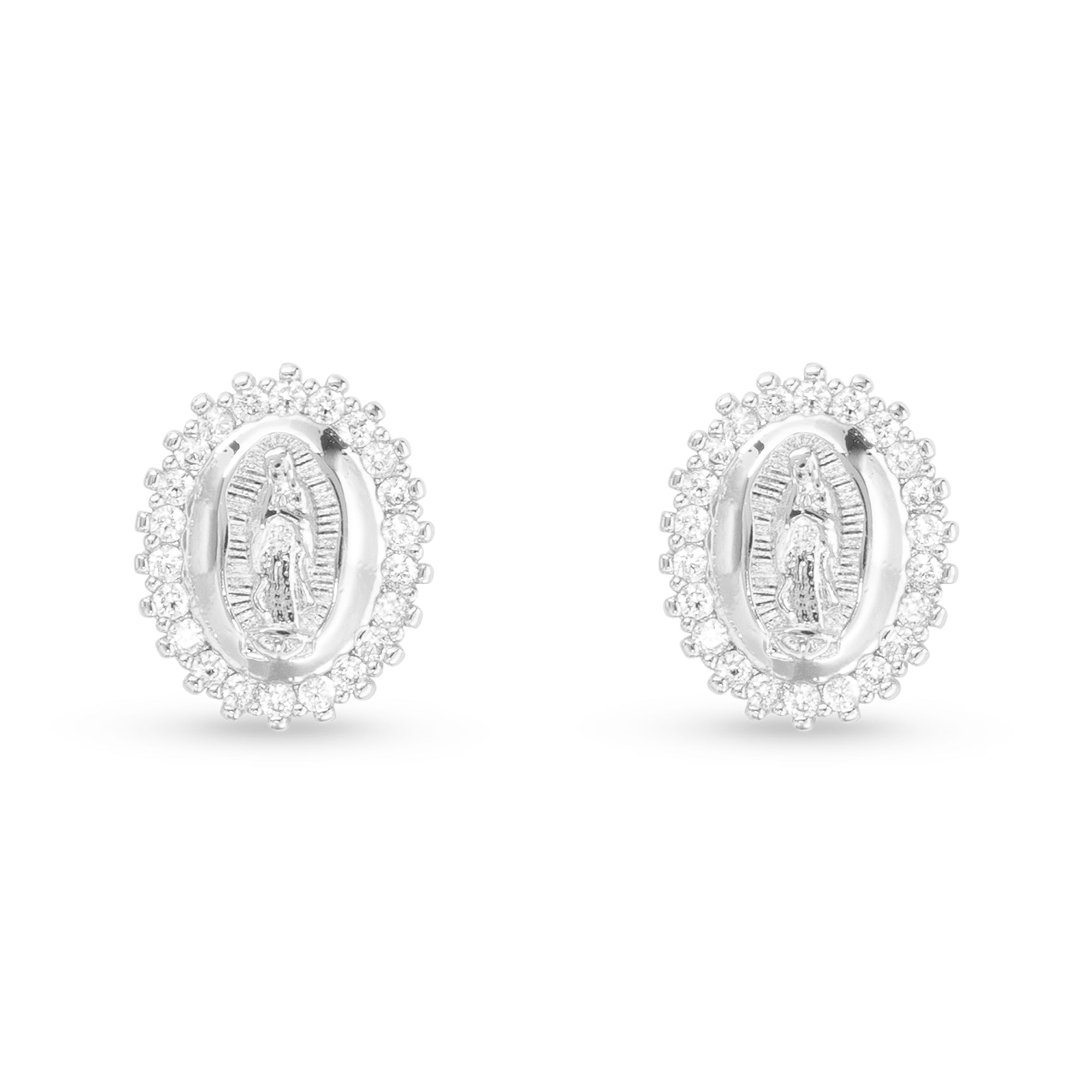 Pair of silver earrings with clear gemstones on a white background. Available at Be Charmed