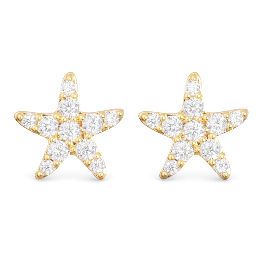 Star-shaped earrings with gold outline and clear gemstones on a white background. Available at Be Charmed
