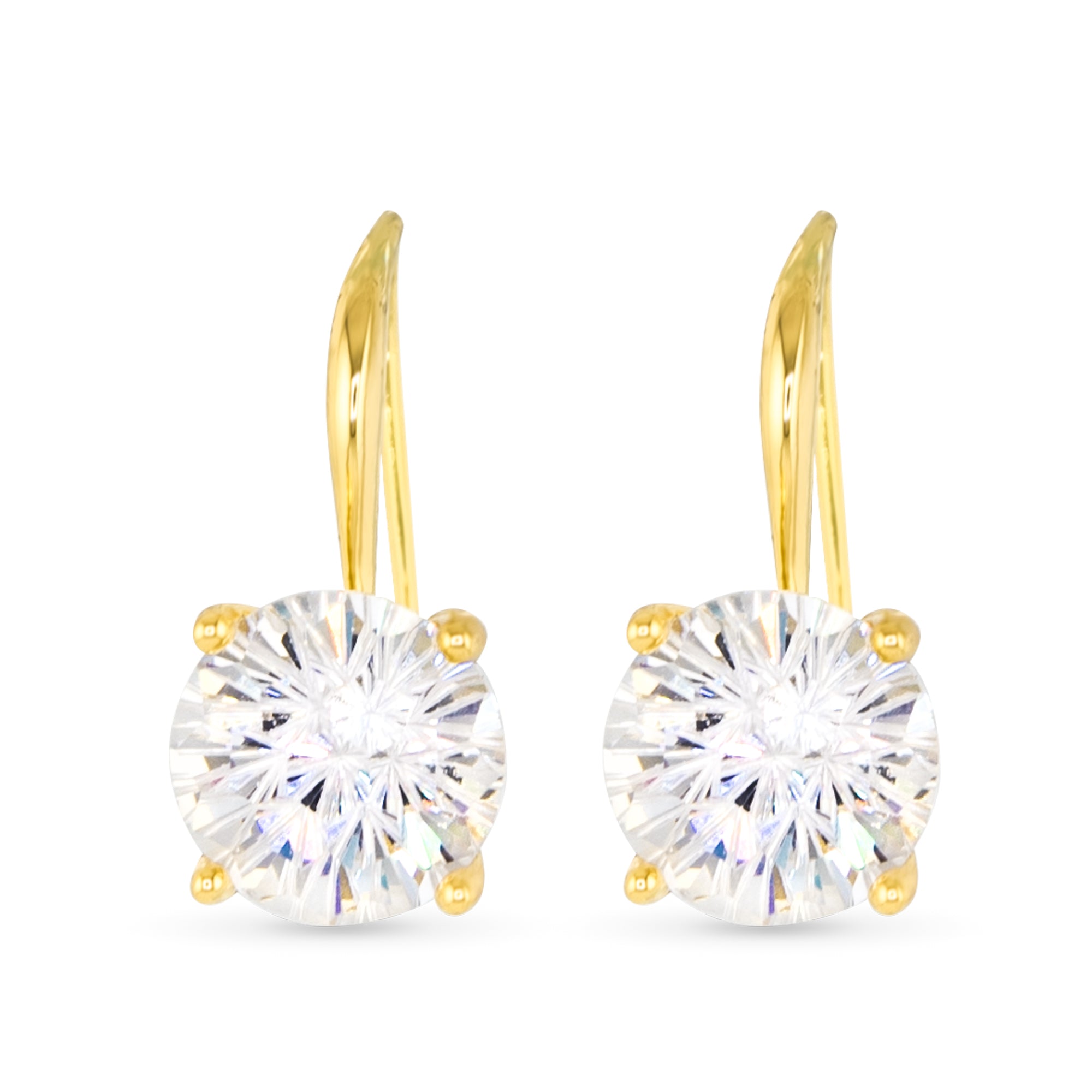 Gold drop earrings with clear gemstones on a white background. Available at Be Charmed