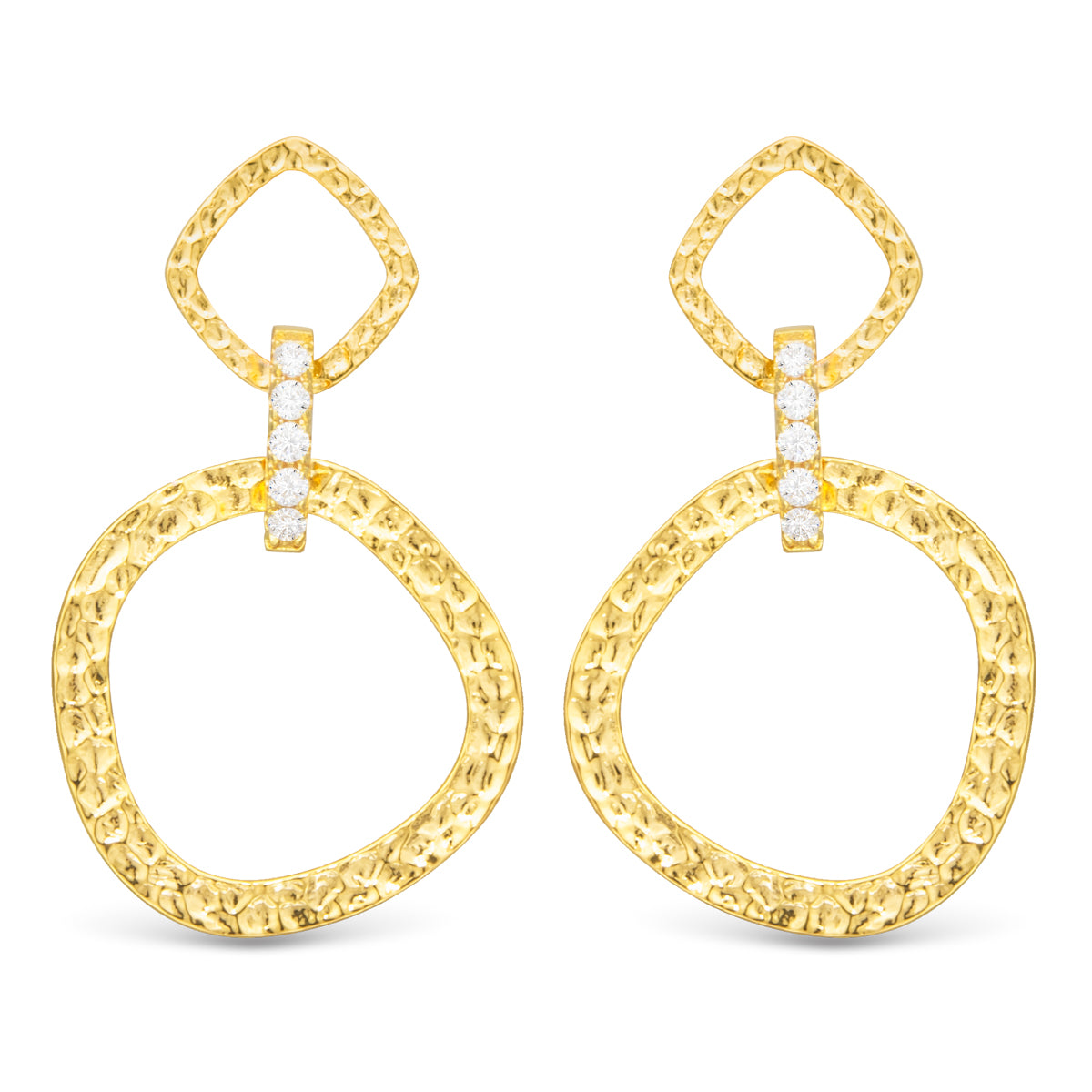 Gold hoop earrings with diamond-like stones on a white background. Available at Be Charmed