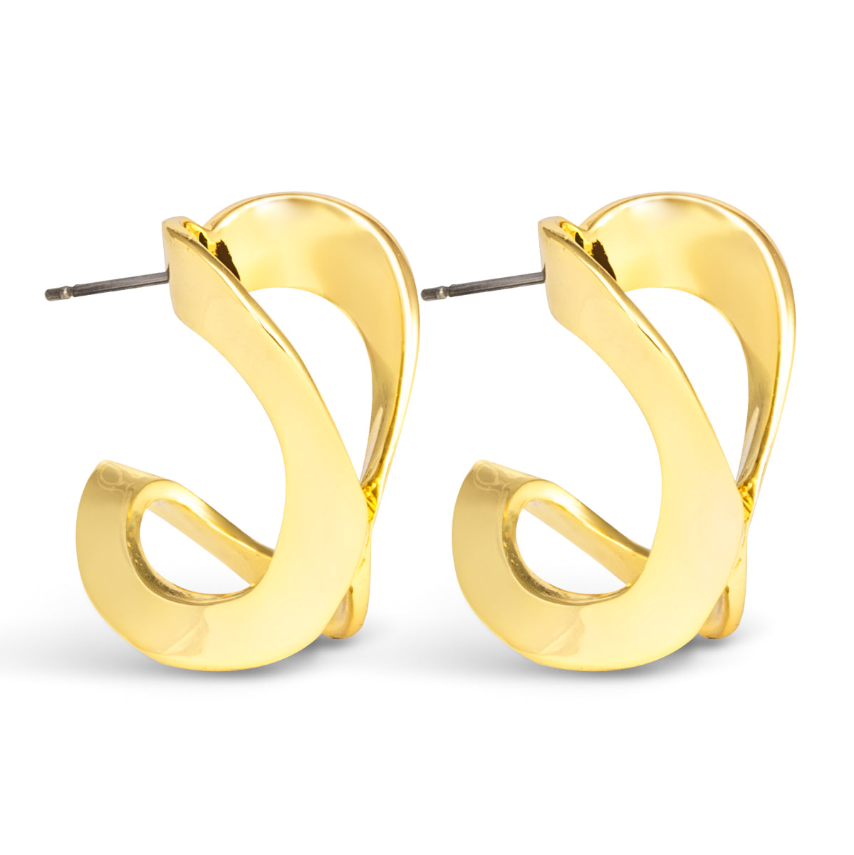 Gold hoop earrings on a white background. Available at Be Charmed