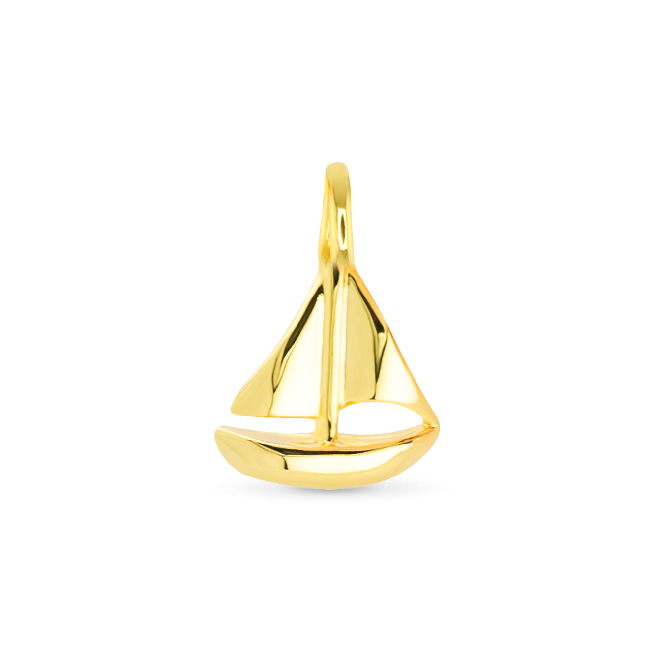Gold sailboat pendant on a white background. Available at Be Charmed