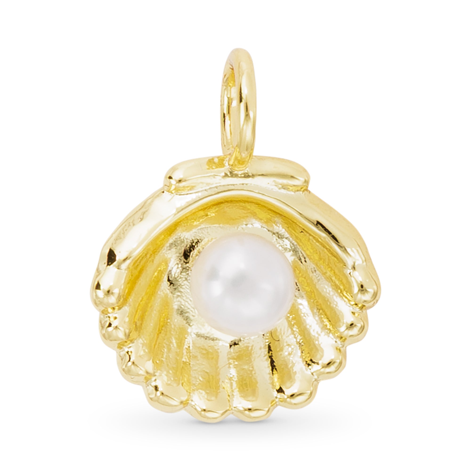 Gold shell pendant with a pearl inside on a white background. Available at Be Charmed