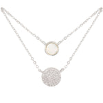 Amanda Blu CZ & MOP Dual Circle Silver Necklace – sterling‑silver dipped chain with sparkling CZ and lustrous mother‑of‑pearl layered circles. 18″ length with extender. Available at Be Charmed