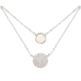 Amanda Blu CZ & MOP Dual Circle Silver Necklace – sterling‑silver dipped chain with sparkling CZ and lustrous mother‑of‑pearl layered circles. 18″ length with extender. Available at Be Charmed