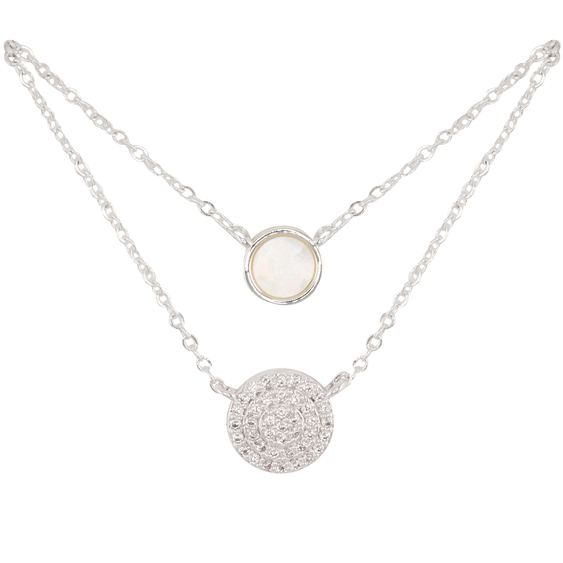 Amanda Blu CZ & MOP Dual Circle Silver Necklace – sterling‑silver dipped chain with sparkling CZ and lustrous mother‑of‑pearl layered circles. 18″ length with extender. Available at Be Charmed