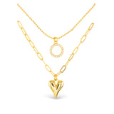 Gold Amanda Blu CZ Dual Layer Circle & Heart Necklace – 18″ chain with extender, featuring sparkling cubic zirconia circle and heart pendants. Available at Be Charmed.