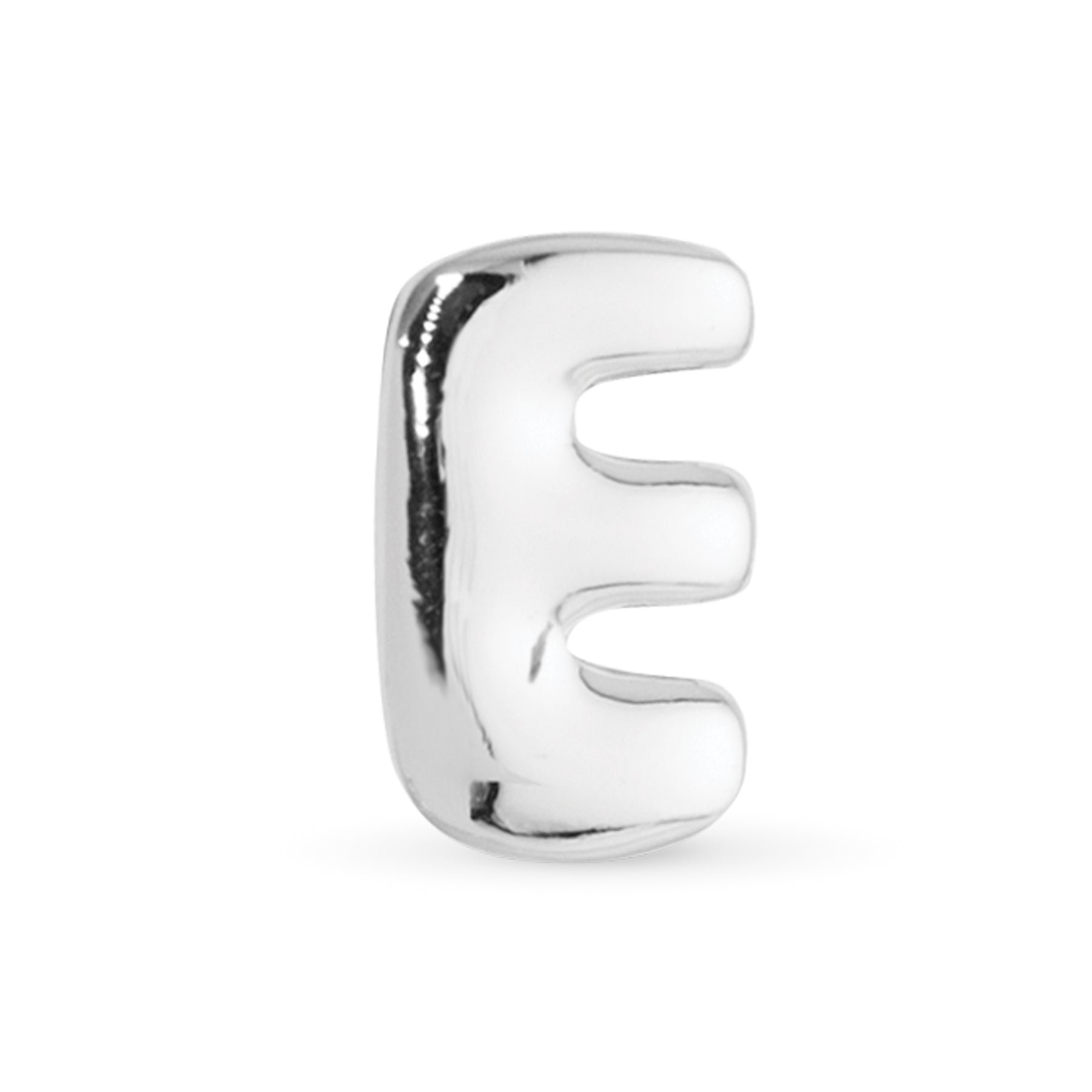 Amanda Blu Silver E Initial Charm with a classic polished finish—perfect for customizing necklaces and bracelets, available at Be Charmed