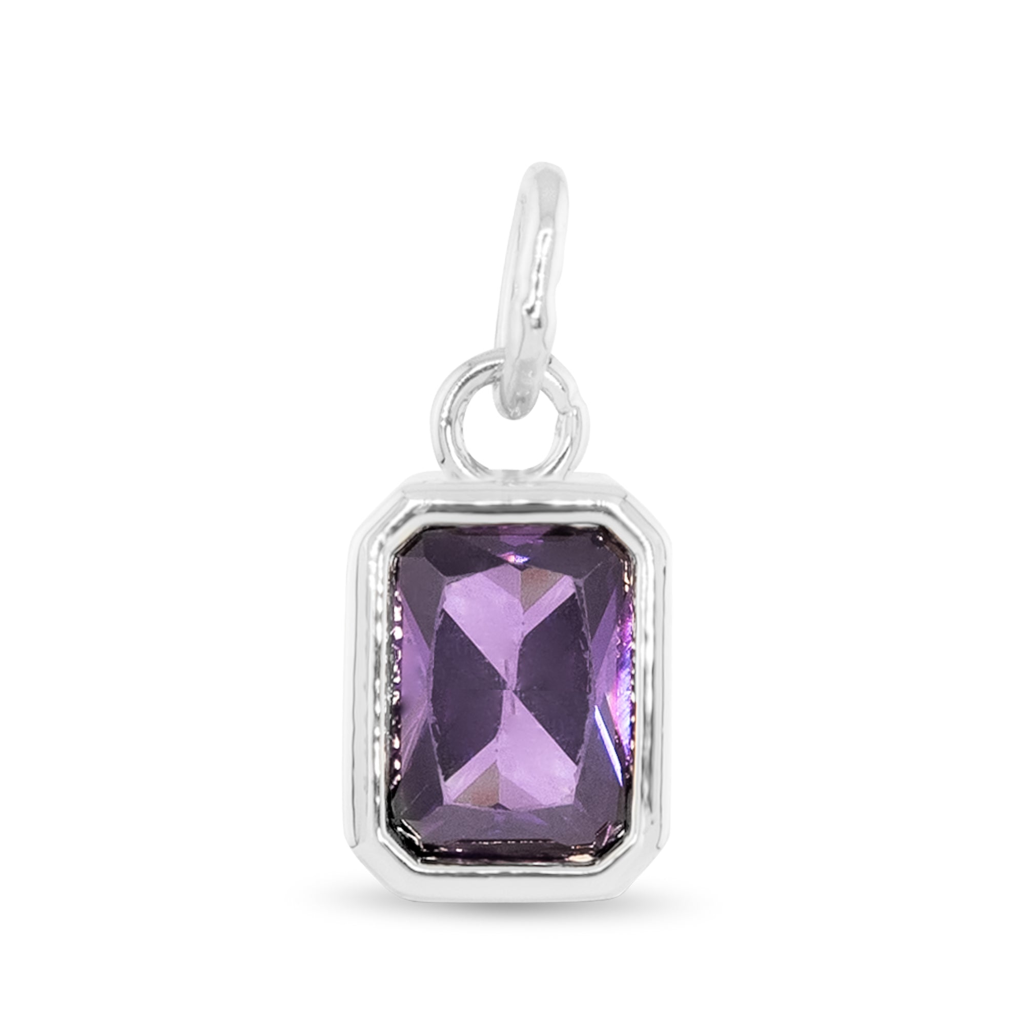 Amanda Blu Silver February Birthstone Charm featuring a sparkling glass gem for each birth month, set in polished silver-tone—perfect for gifting, available at Be Charmed
